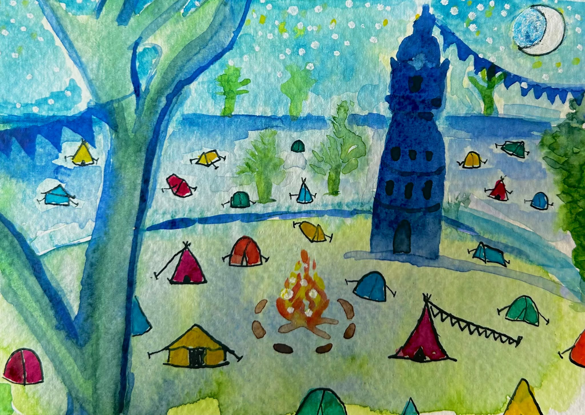 Aquarel van de camping bij avond