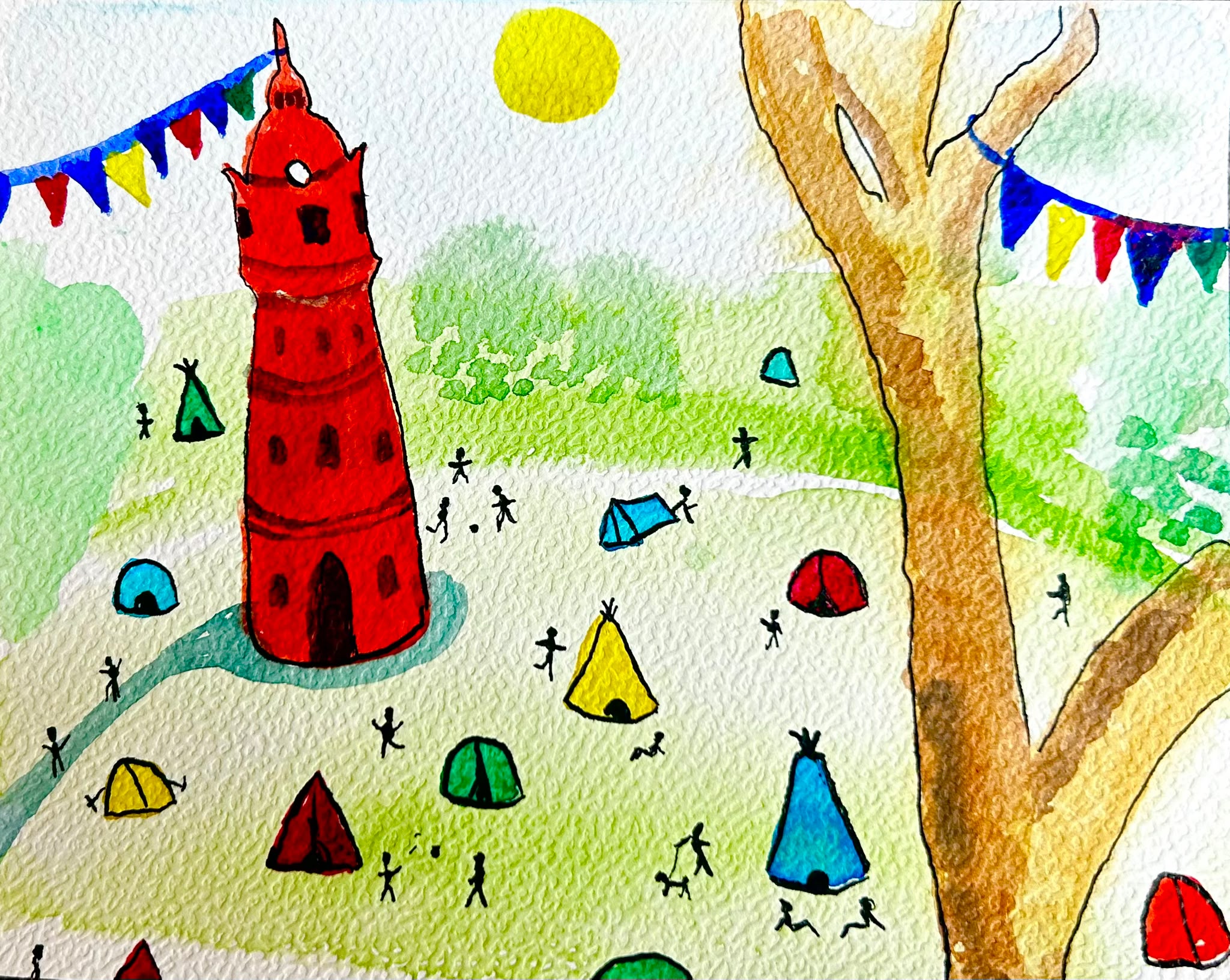 Aquarel van het park overdag